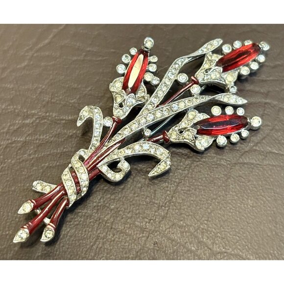 VTG 1941 Signed TRIFARI Krussman Fishel A. Spaney Floral Spray Enamel Brooch Pin - Picture 2 of 12